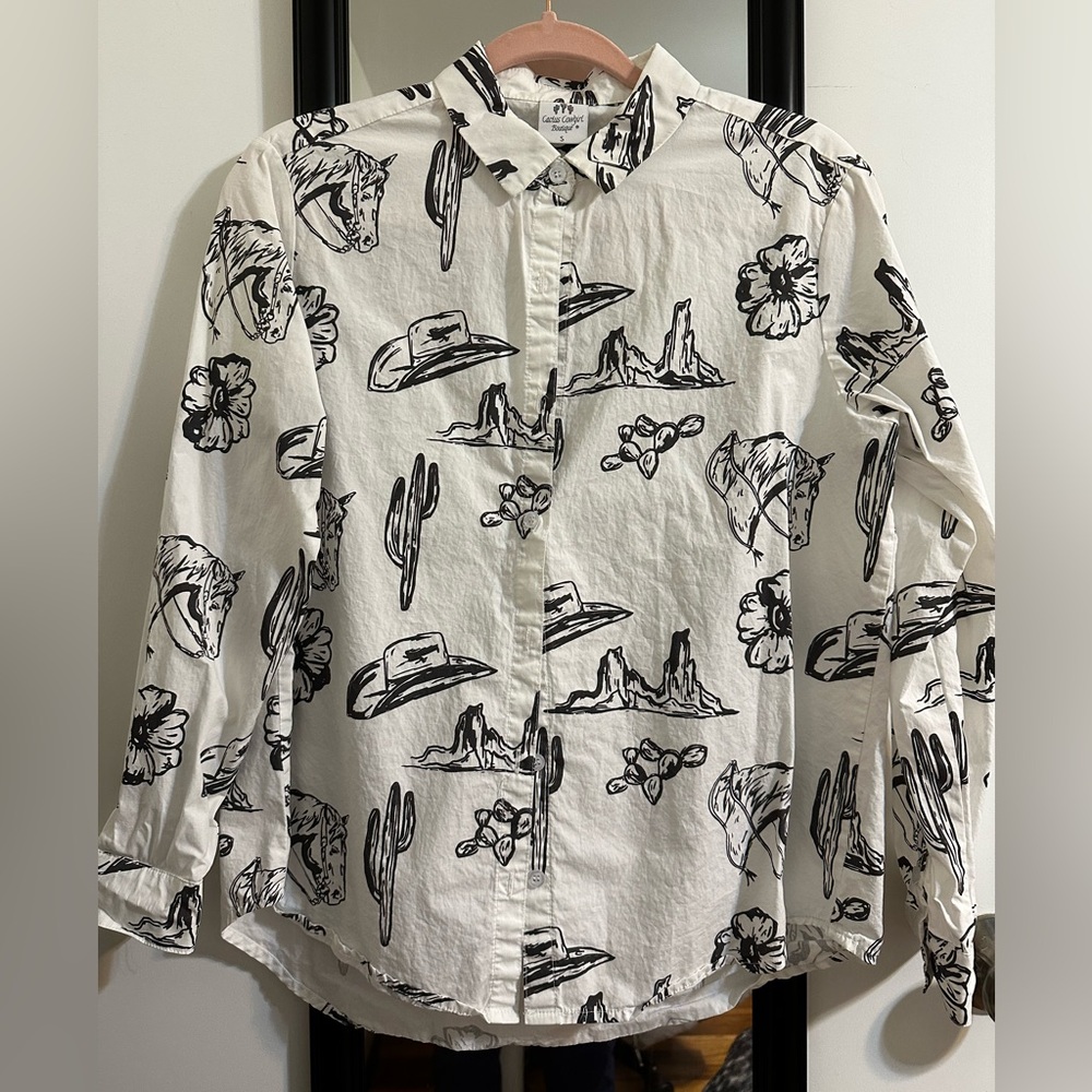 White Western Print Button-Up Shirt